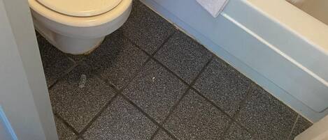 A bathroom with a toilet, bathtub, and shower curtain.