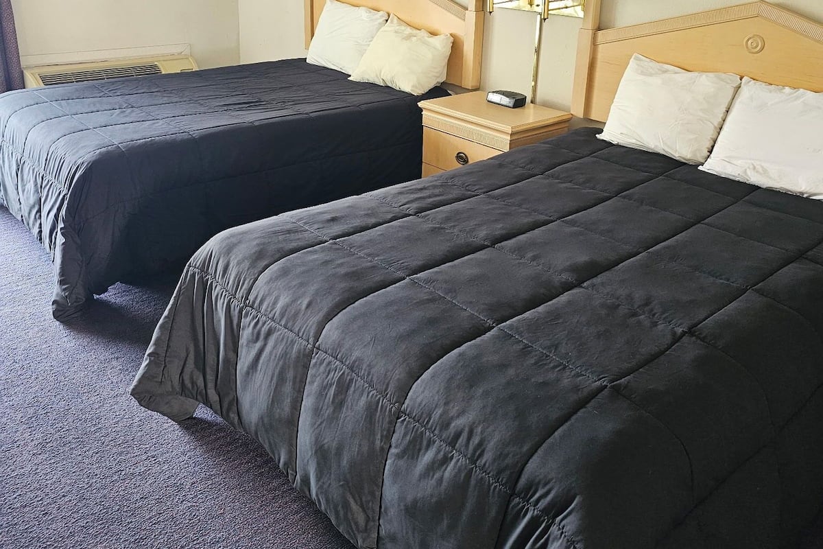Una habitación de hotel con dos camas, una mesita de noche con lámpara y un cuadro colgado en la pared.