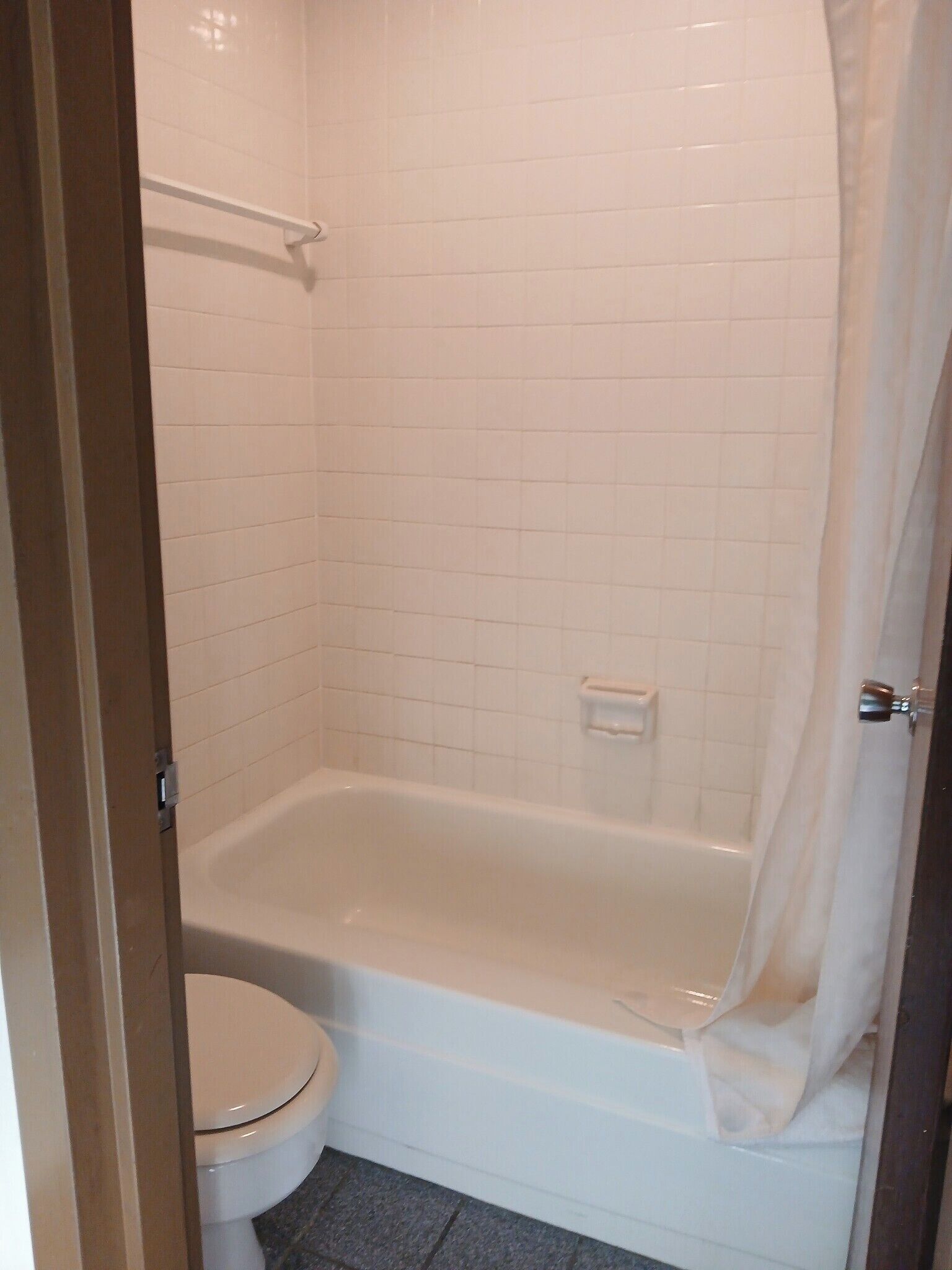 A bathroom with a white toilet, a bathtub, and a shower curtain.