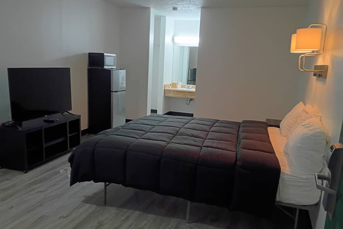 Un dormitorio con cama, televisión, refrigerador y mesita de noche.