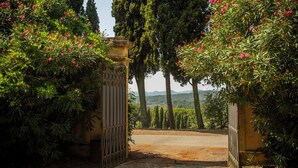 A stone gate with metal bars, leading to a paved path. - VILLA PEDONE  (Lucca)