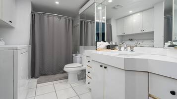 Hair dryer, towels, toilet paper