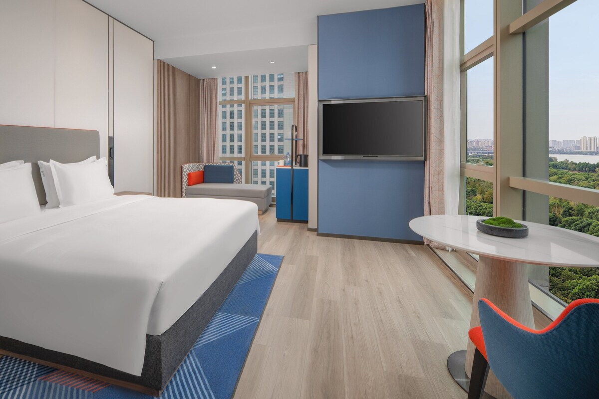 A hotel room with a bed, a desk, a TV, and a view of the city.