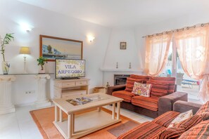 Älytelevisio, takka, DVD-soitin, kirjoja