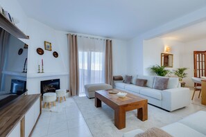 Smart TV, chimenea, reproductor de DVD, libros