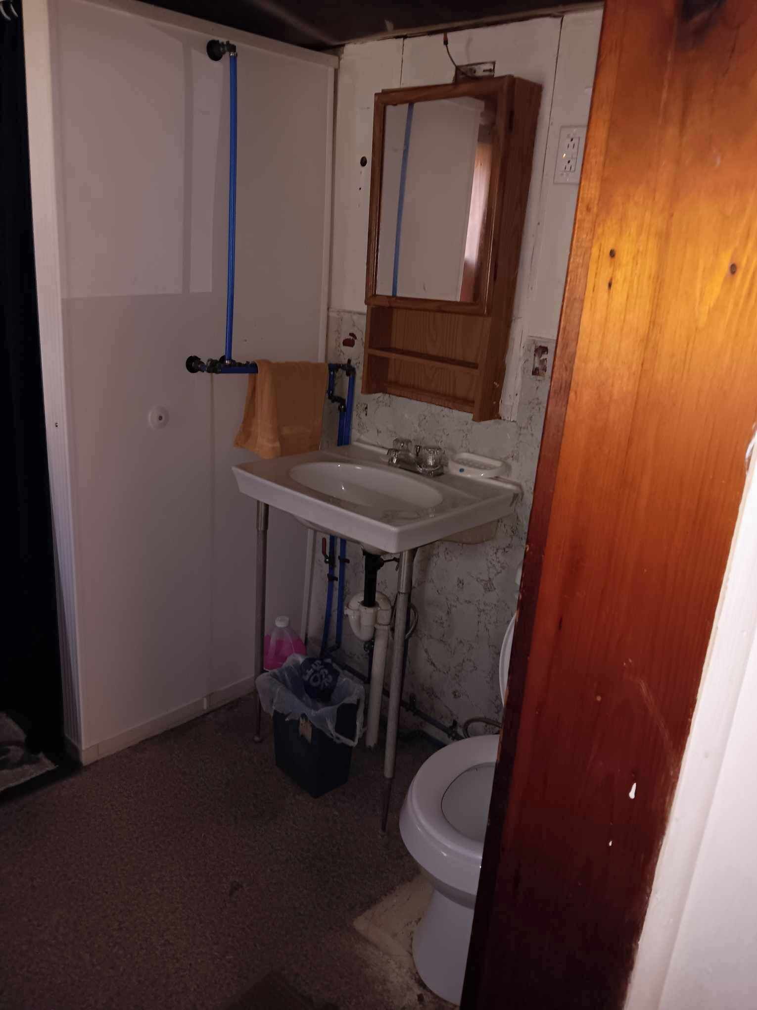 Een kleine, compacte badkamer met een witte wastafel, een spiegel erboven en een toilet. Een houten deurkozijn is rechts zichtbaar.