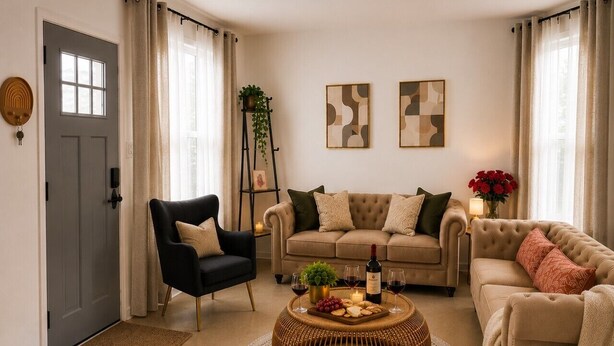 Un salon avec une porte grise, deux canapés, un fauteuil noir, une table basse ronde avec des verres à vin et une petite plante.
