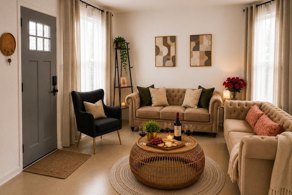 Relax in the elegant living room featuring designer Chesterfield sofas, layered linen curtains that fill the space with natural light, curated décor, and a cozy lounge perfect for movie nights or unwinding with a glass of wine after a long day.