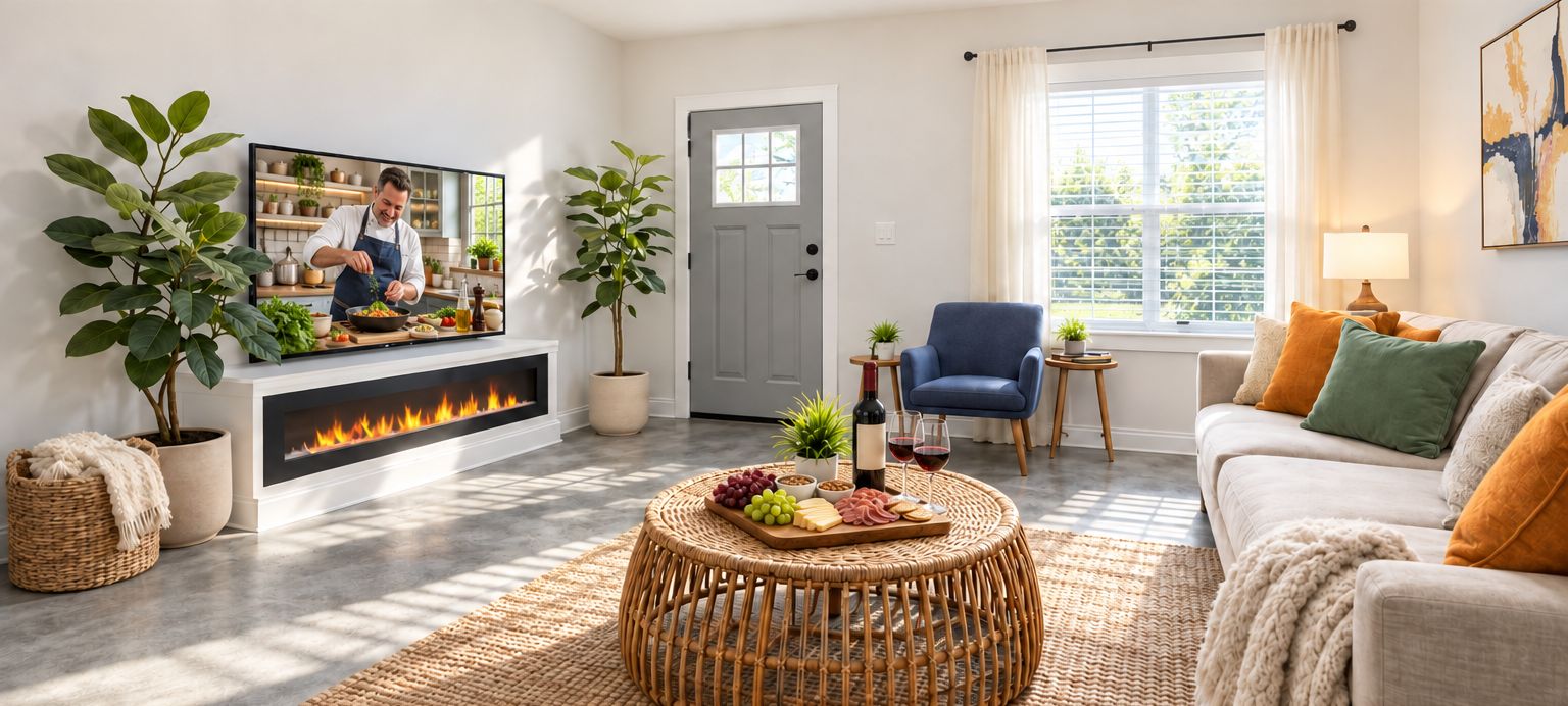 A living room with a fireplace, a television, a sofa, a coffee table with snacks, and potted plants.
