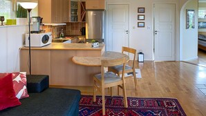 Kompakti keittiö, jossa on puukalusteet, sisäänrakennettu mikroaaltouuni ja jääkaappi. Keittiössä on pieni ruokailutila, jossa on pyöreä pöytä ja kaksi tuolia. Huoneessa on puulattia ja värikäs matto.