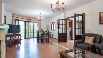 Cheminée, lecteur de DVD, table de tennis de table