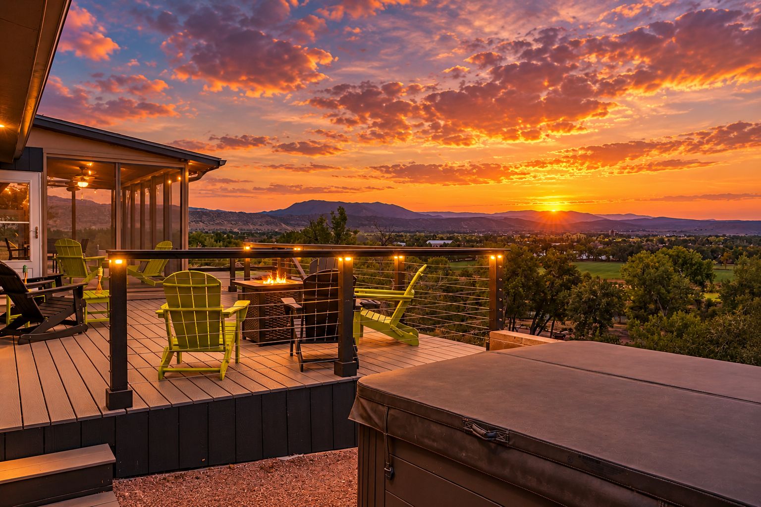 A deck with outdoor seating, a fire pit, and a view of the sunset over a mountainous landscape.