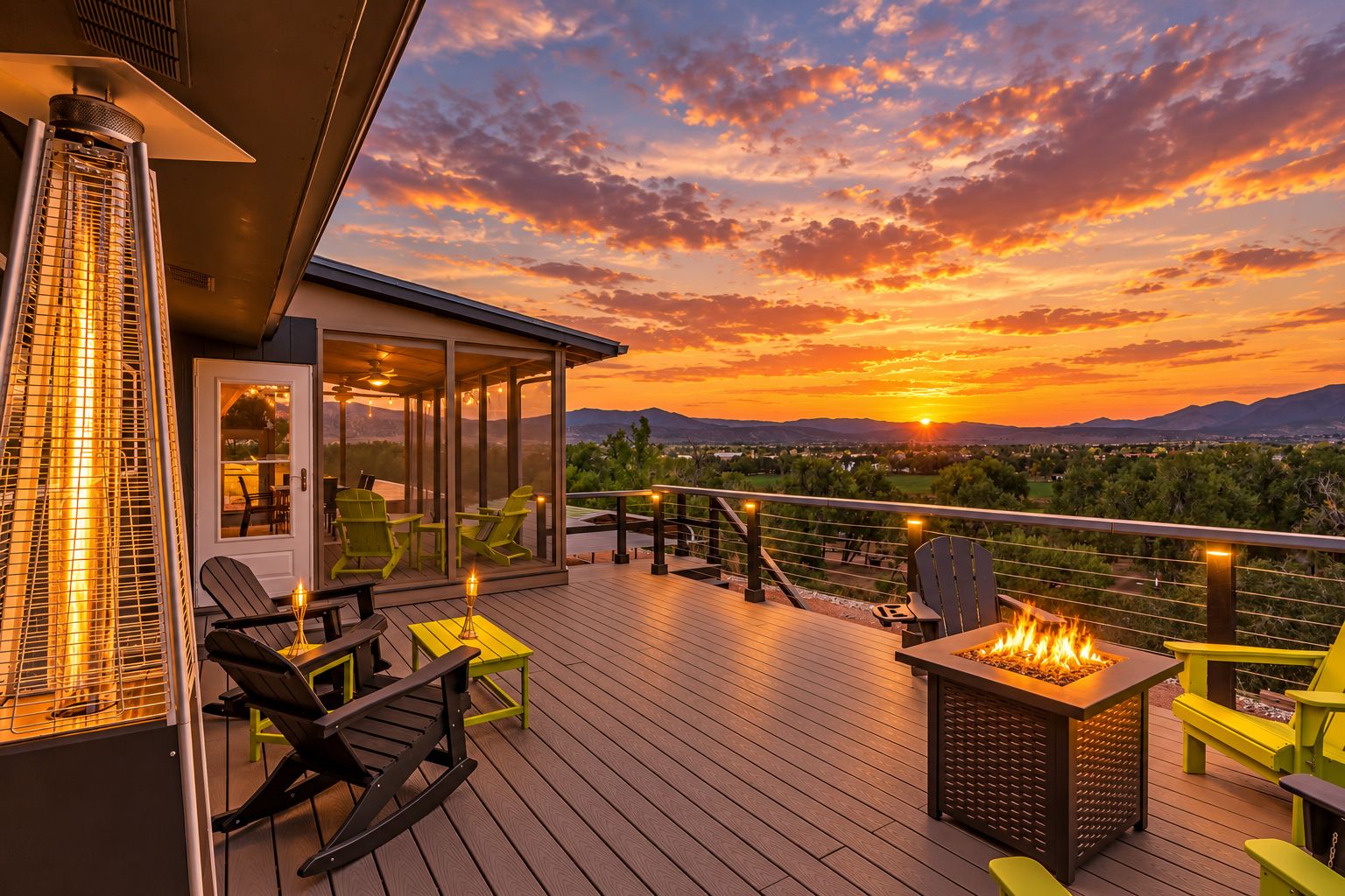 Een terras met buitenmeubilair en een vuurplaats, met uitzicht op een landschap met bergen en een zonsondergang.