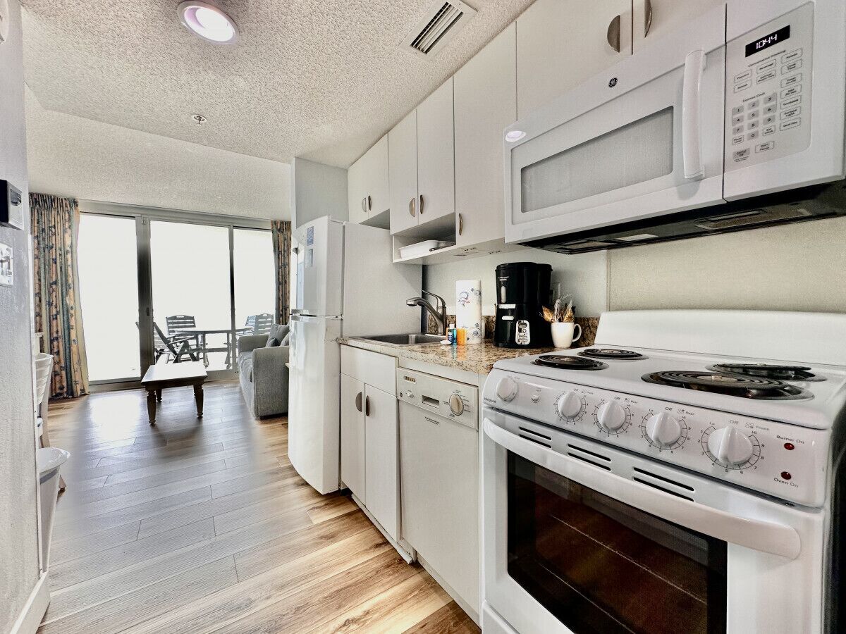 Fridge, microwave, dishwasher, coffee/tea maker