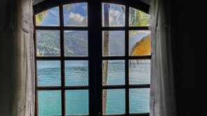 Ein Fenster mit Blick auf ein Gewässer und Palmen.