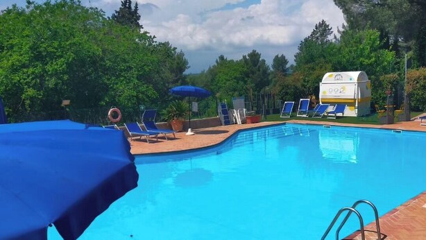 Piscina con sillas de descanso azules y sombrillas, rodeada de árboles y una zona cubierta.