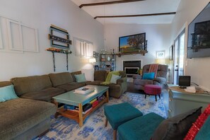 Smart TV, caminetto, libri, biblioteca musicale