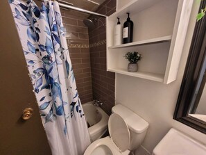 Hair dryer, towels, soap, toilet paper