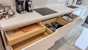 Fridge, microwave, coffee/tea maker, toaster