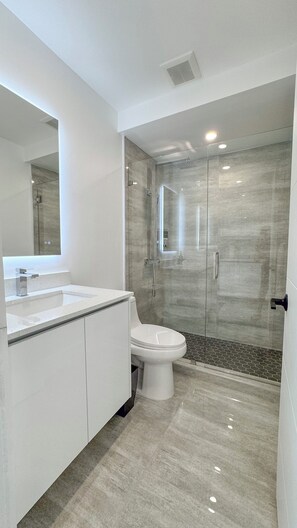 Chuveiro, secador de cabelo, toalhas de banho, sabonete