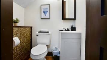 Une petite salle de bain comprenant des toilettes, un lavabo et un miroir.