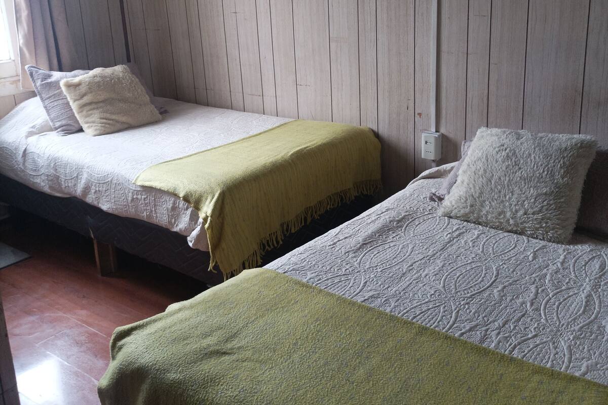 A room with two single beds, each with a pillow and a green blanket.