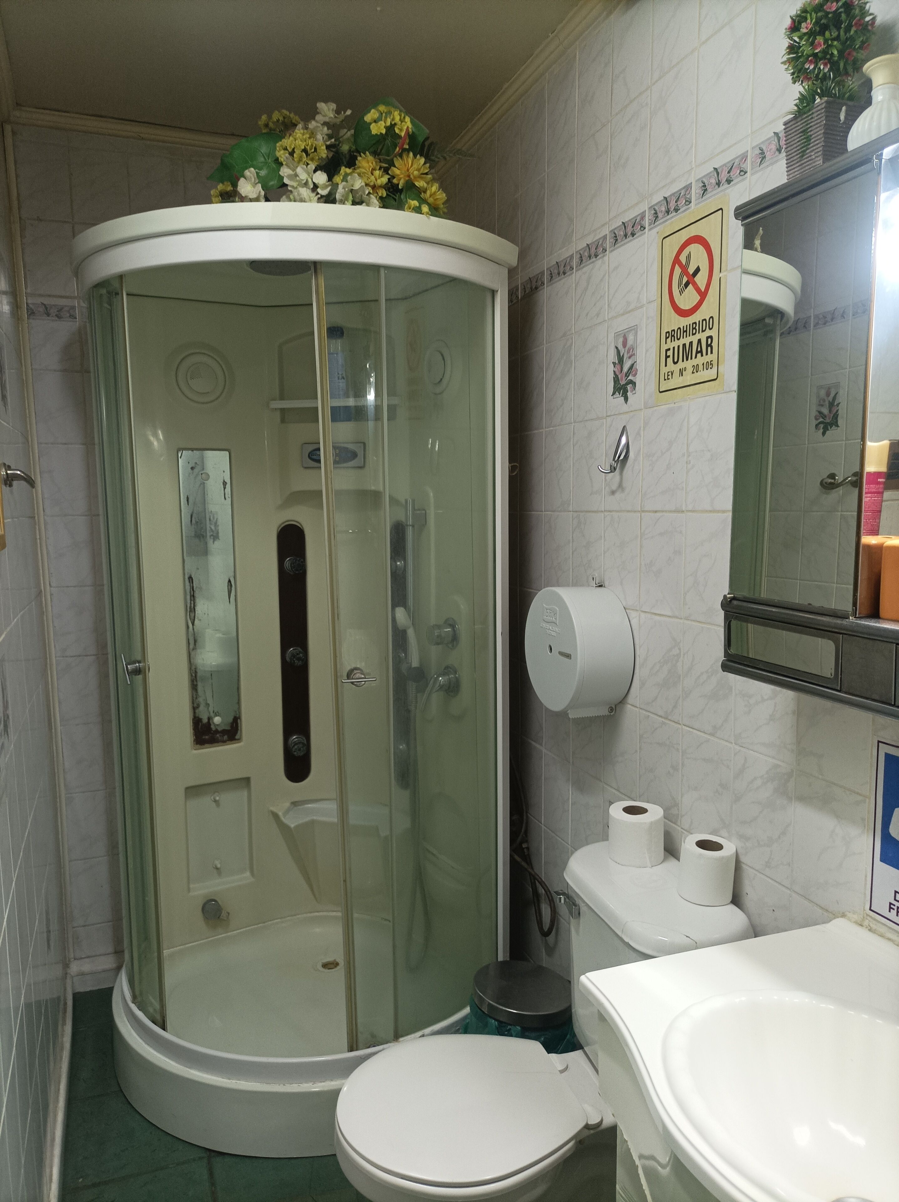 A bathroom with a glass-enclosed shower, a toilet, and a sink. There is a no-smoking sign on the wall.