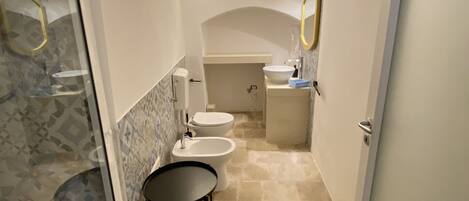 Shower, hair dryer, bidet, towels