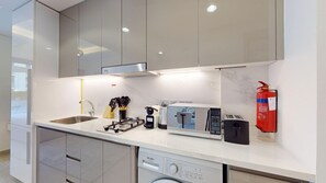 Fridge, microwave, stovetop, toaster