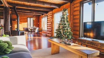 Smart TV, chimenea, libros y biblioteca musical