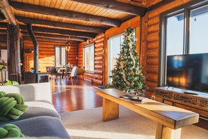 Smart-TV, Kamin, Bücher, Musikbibliothek