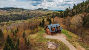 A cabin with a sloped roof, surrounded by a forested landscape with hills in the background. - In the heart of nature, with mountain views, ideal for families and pets! (Mandeville)