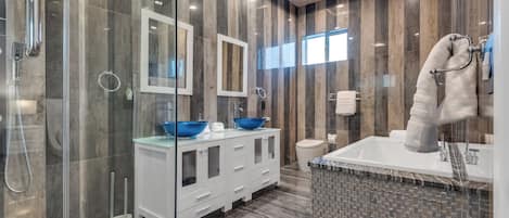 Shower, jetted tub, hair dryer, bidet