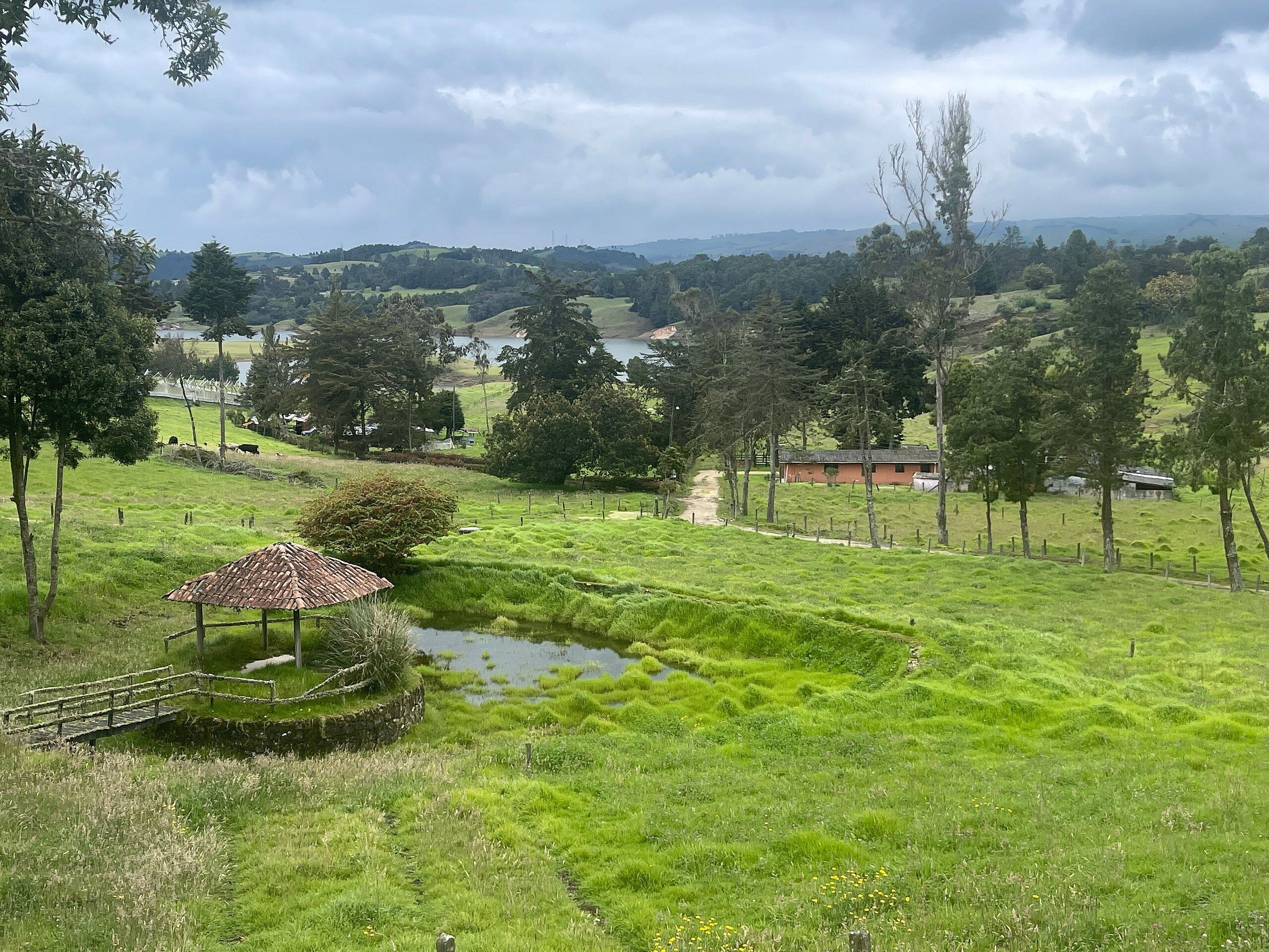 A rural landscape with a small pond, a gazebo, and a path leading to a building.