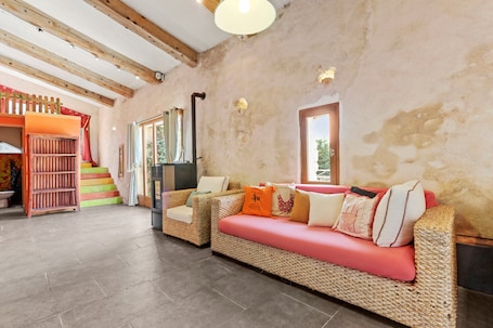 Living area. Cottage 'Gite Bergerie' with Mountain View, Private Terrace and Wi-Fi