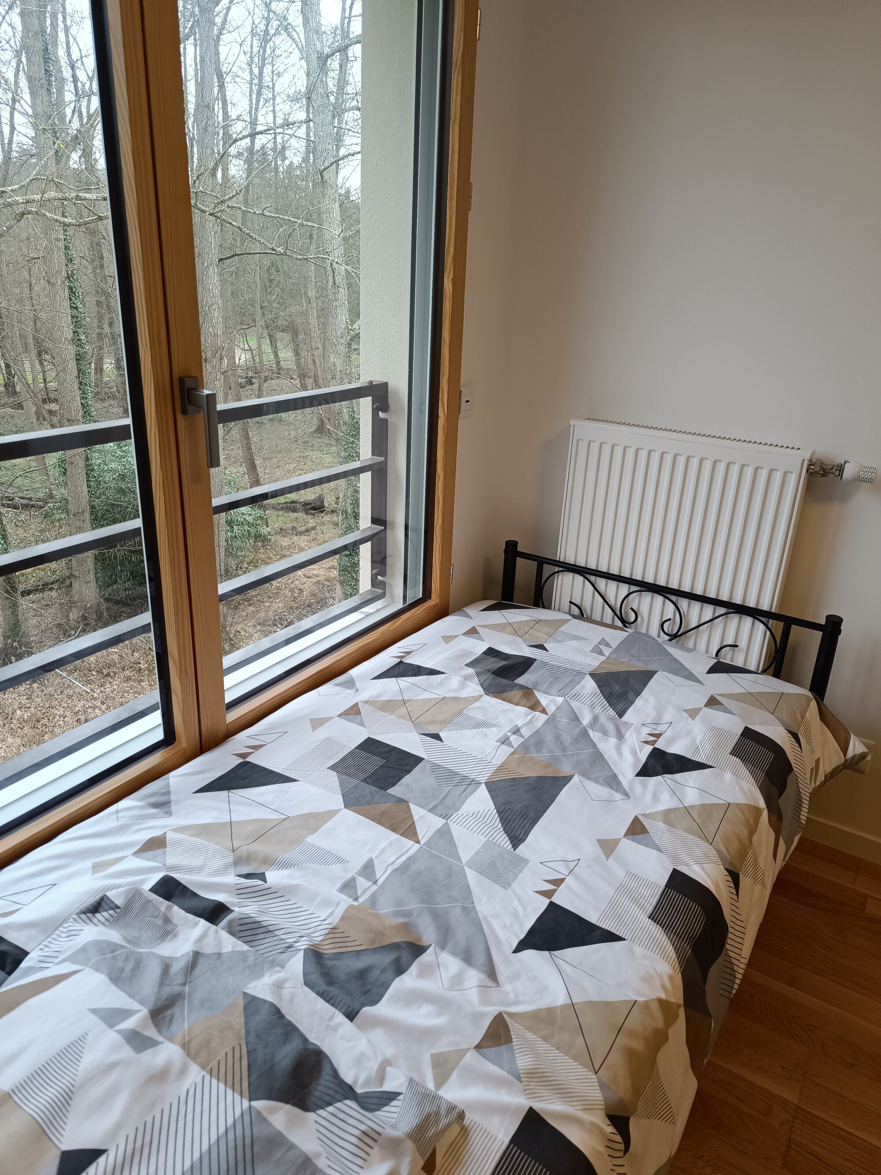 Une chambre avec un lit, de grandes fenêtres et un radiateur.