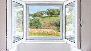 An open window with a view of a hilly landscape with trees and a stone wall.