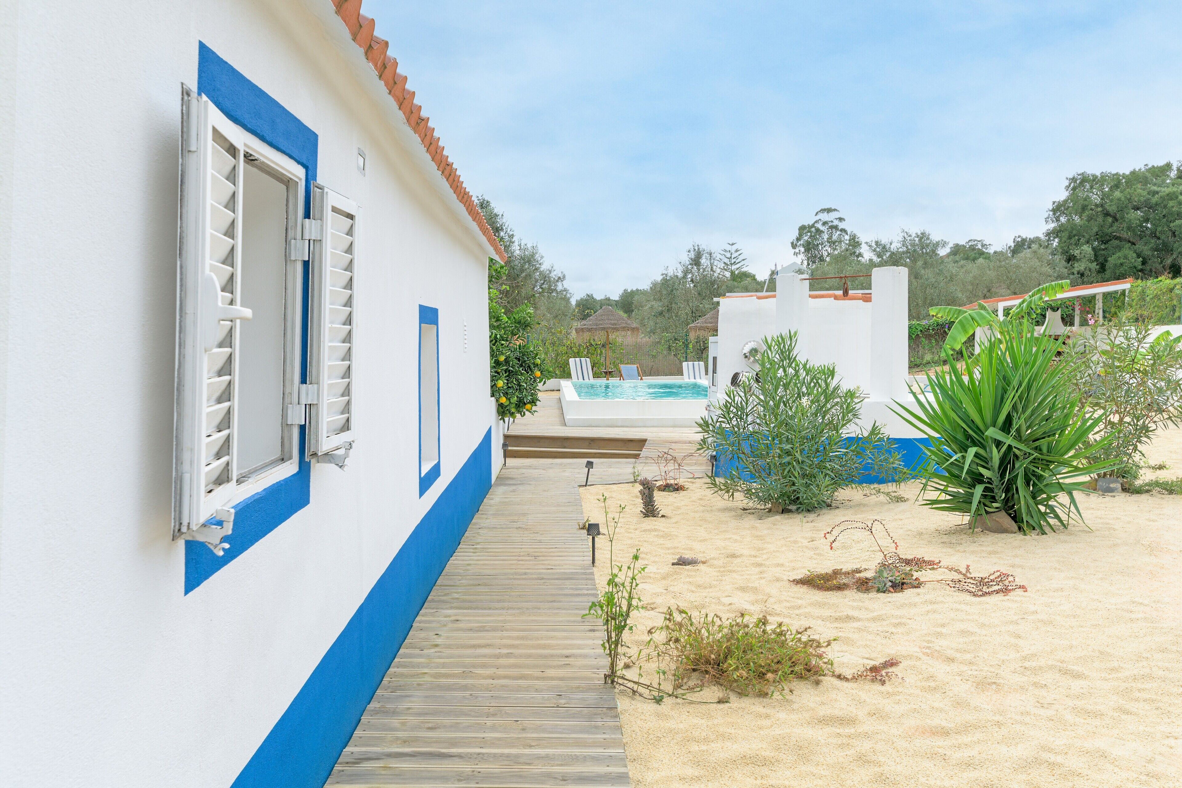 A white building with blue trim, a wooden deck, a pool, and surrounding greenery.