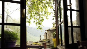 A window with a view of a stone building, a potted plant, and a hanging light fixture.