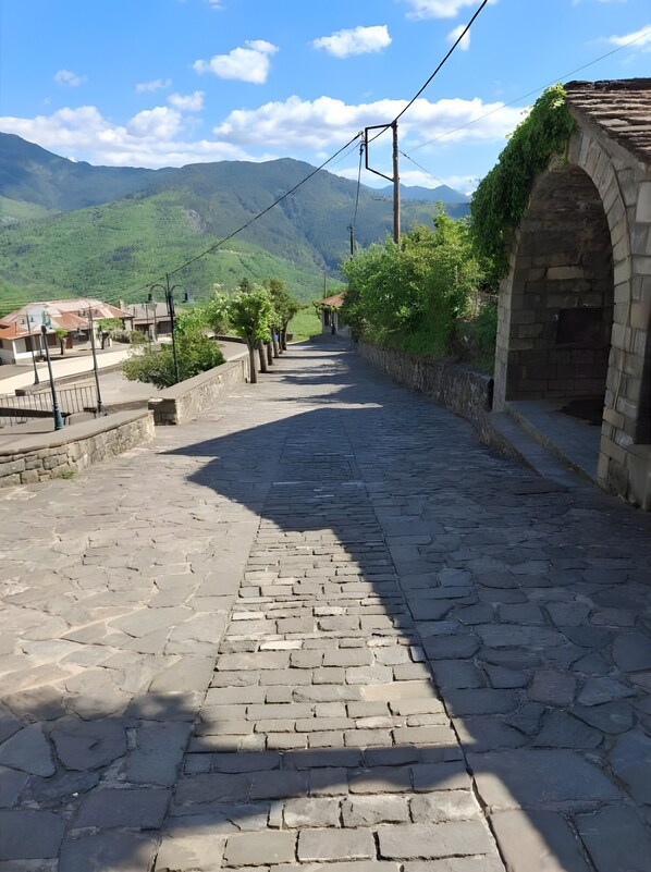 A cobblestone street with a stone bridge, greenery, and distant mountains.