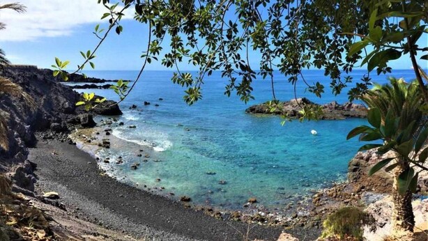 Una playa con agua cristalina, costa rocosa y algo de vegetación.