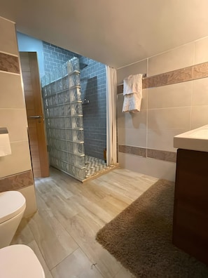 Douche, séchoir à cheveux, serviettes fournies