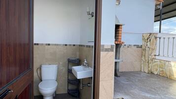 Un bagno con toilette, lavandino e zona doccia.