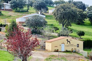 A rural tourist complex with a reception building, surrounded by trees and open fields.