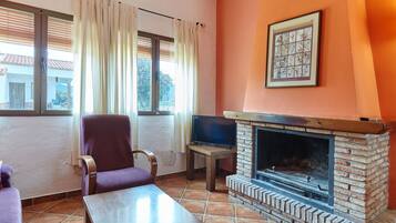 Een televisie en een open haard