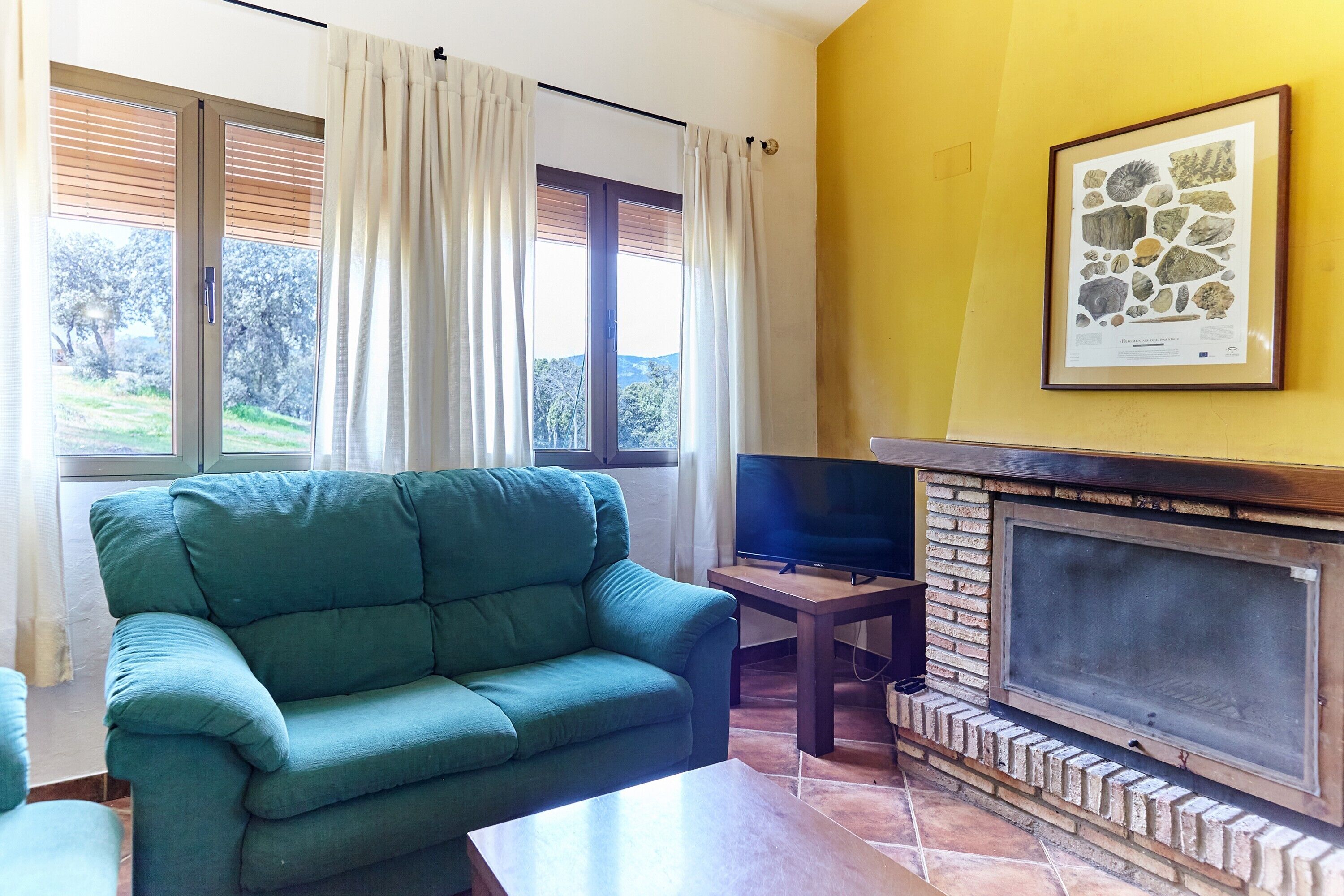 Een televisie en een open haard