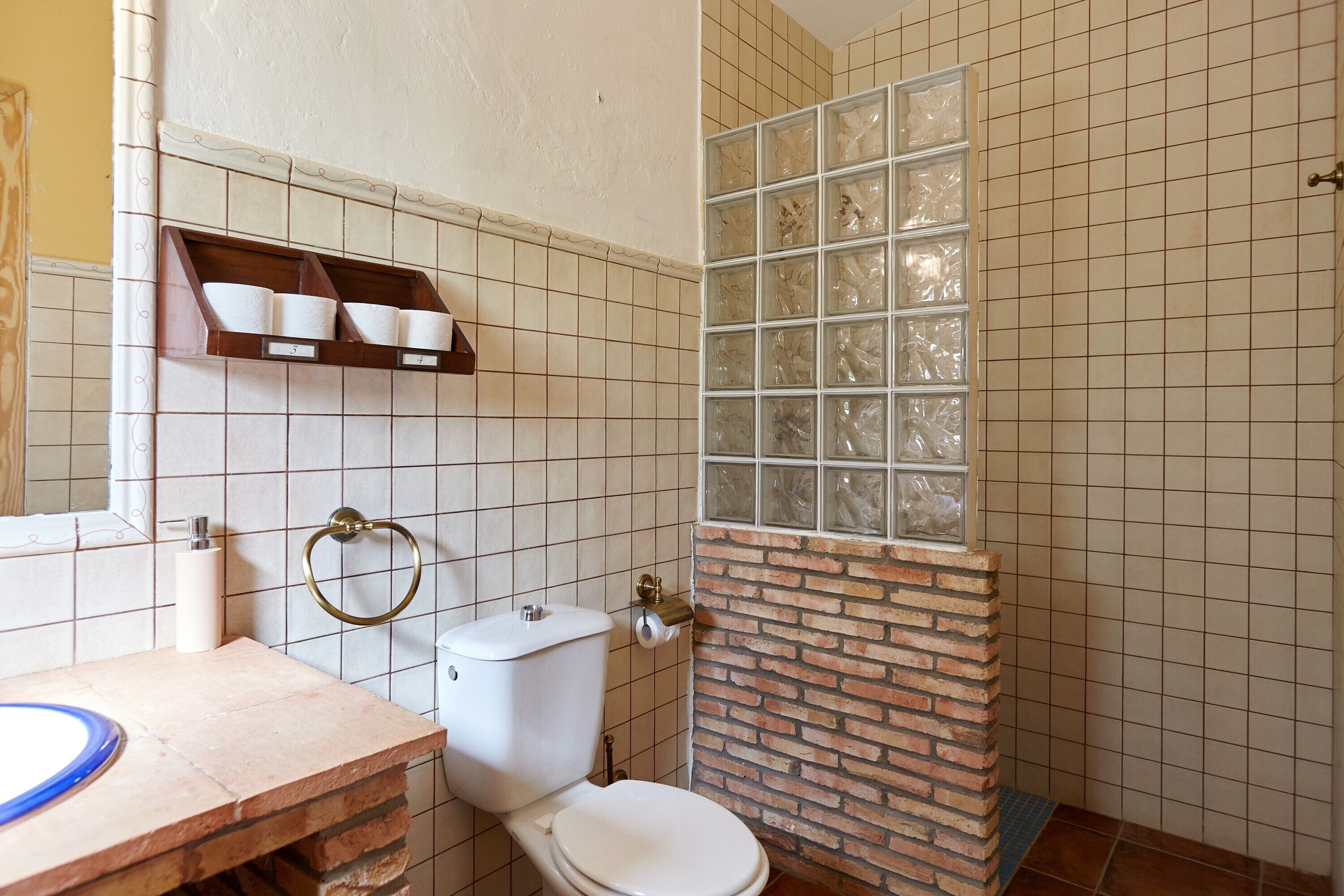 Un bany amb vàter, rentamig i una cabina de dutxa de vidre.