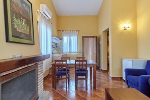 A living room with a fireplace, a dining table with chairs, a blue sofa, and a kitchen area with an air conditioner.