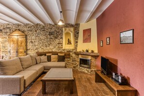 Una televisión, una chimenea, un reproductor de DVD