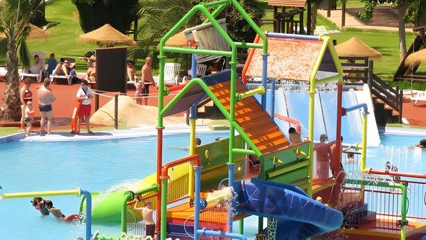 A water park with various slides and play structures.